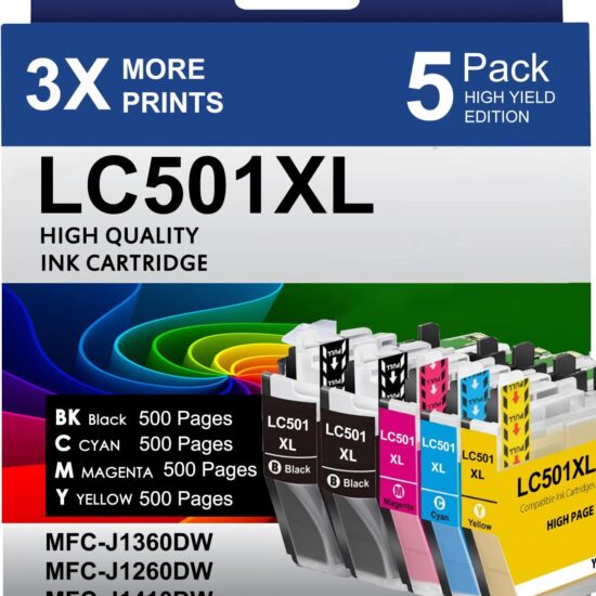 HOINKLO LC501XL Ink Cartridges for Brother Printer Compatible for Brother LC501 XL Ink Cartridges LC 501XL with MFC-J1360DW MFC-J1260W MFC-J1410DW Printer (2 Black Cyan Magenta Yellow, 5 Pack)